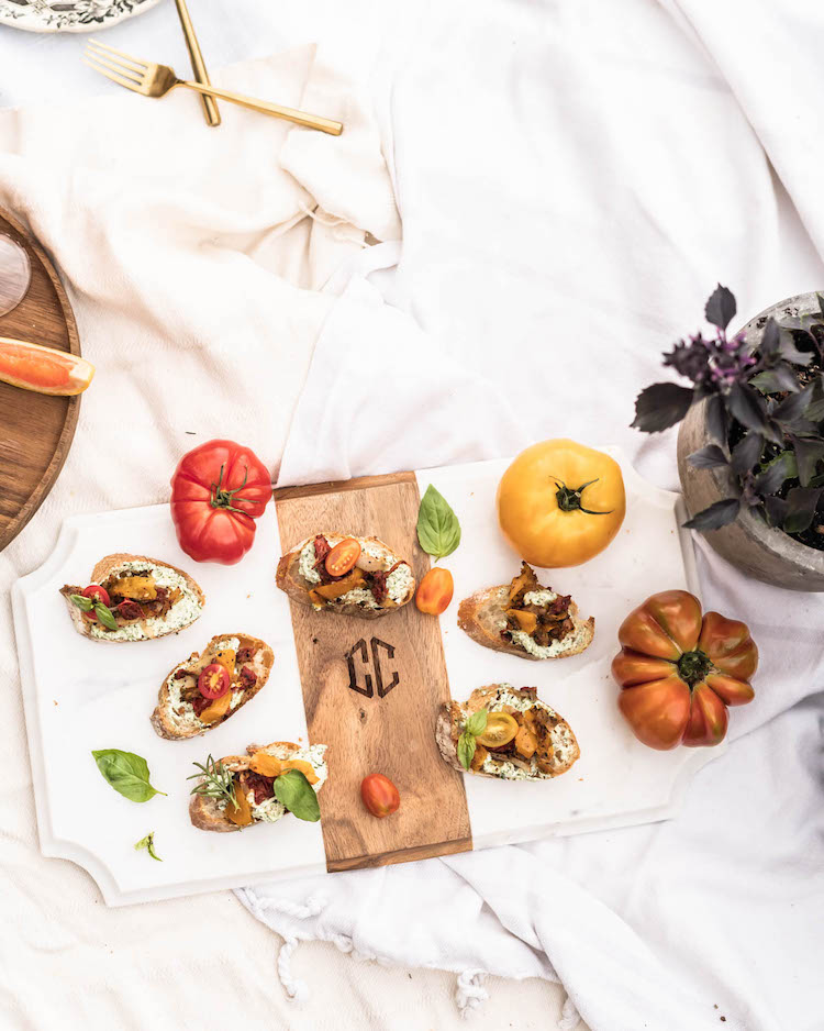 Tomato Pepper Toasts with Whipped Basil Goat Cheese