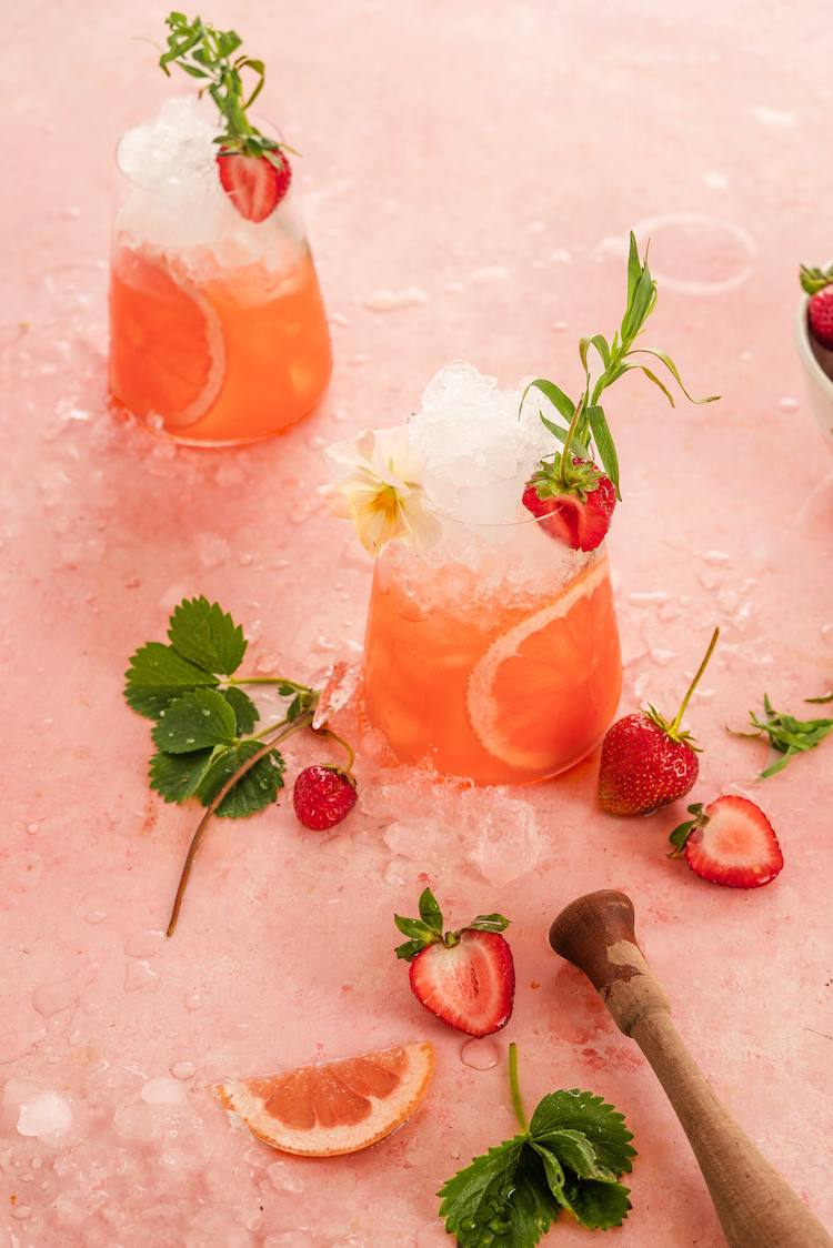 Strawberry Tarragon Smash with strawberries , apple cider vinegar and herbs