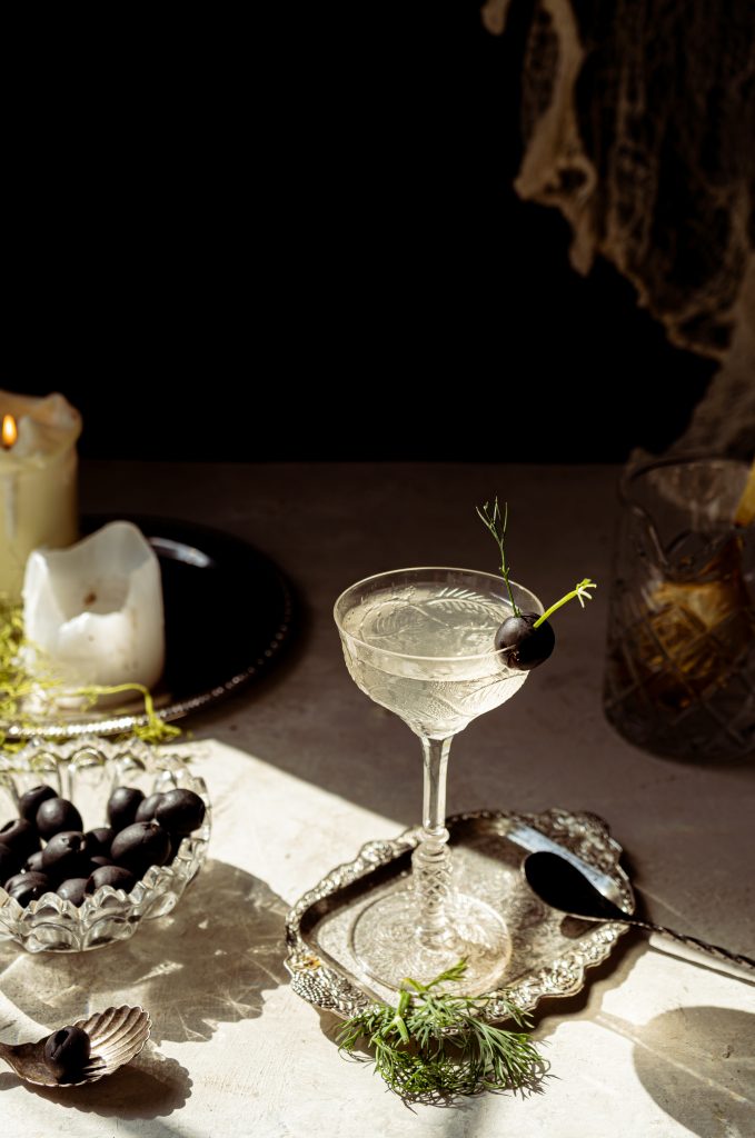 creepy crawler martini with aquaviit and sherry
