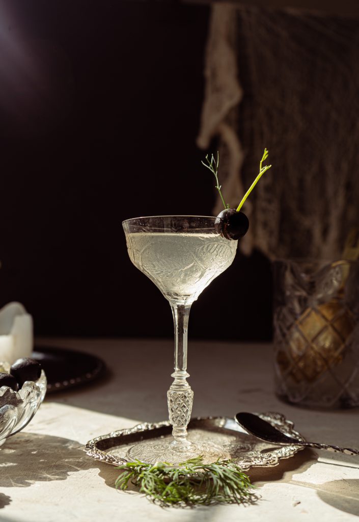 creepy crawler martini with aquaviit and sherry