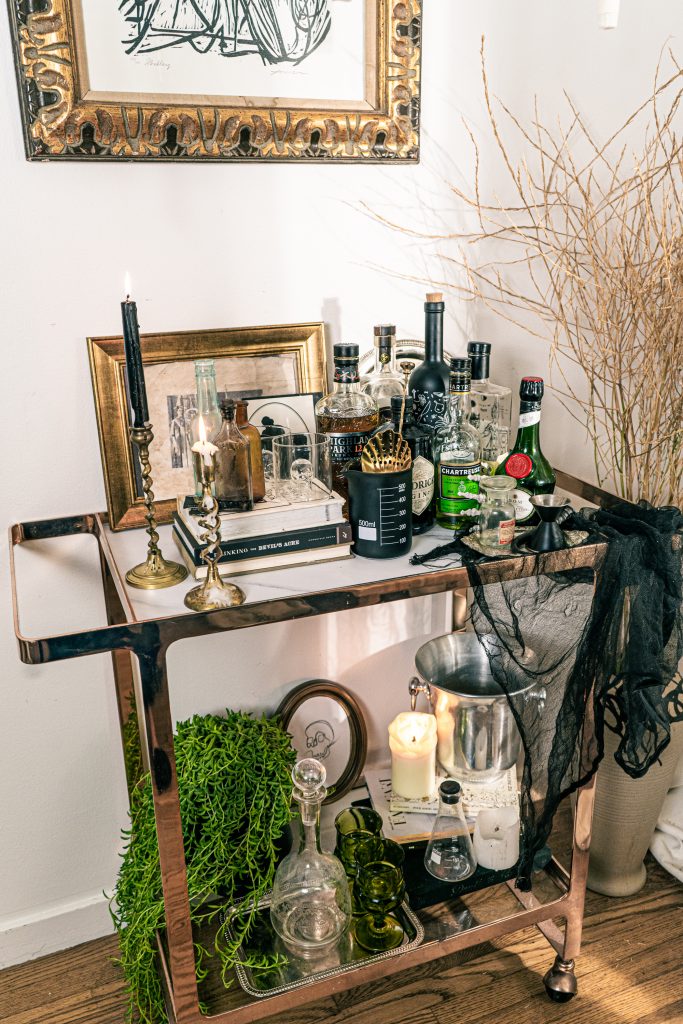 How to style a spooky chic Halloween Bar Cart for entertaining and happy hour