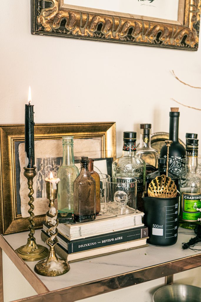 How to style a spooky chic Halloween Bar Cart for entertaining and happy hour