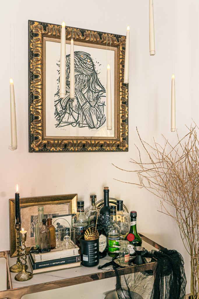 How to style a spooky chic Halloween Bar Cart for entertaining and happy hour